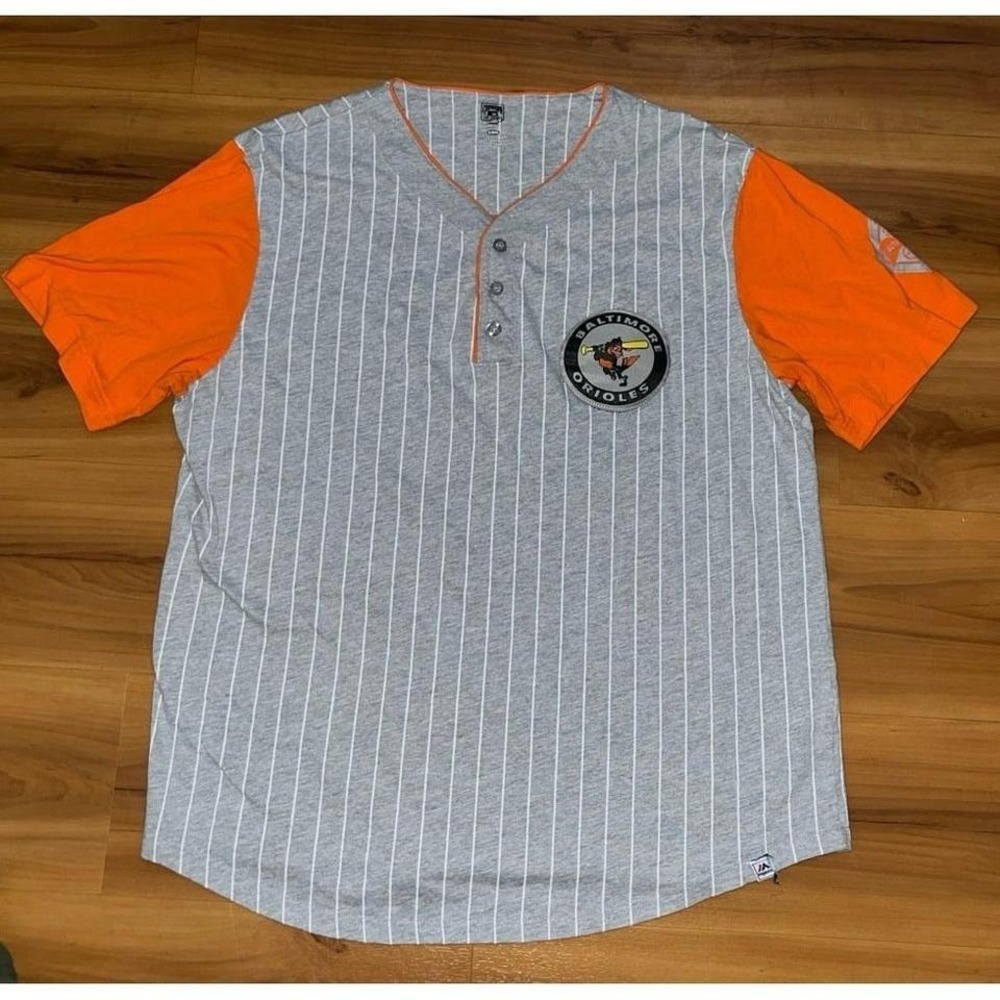 Baltimore Orioles Majestic Cooperstown Collection Henley Pinstripe Jersey Shirt